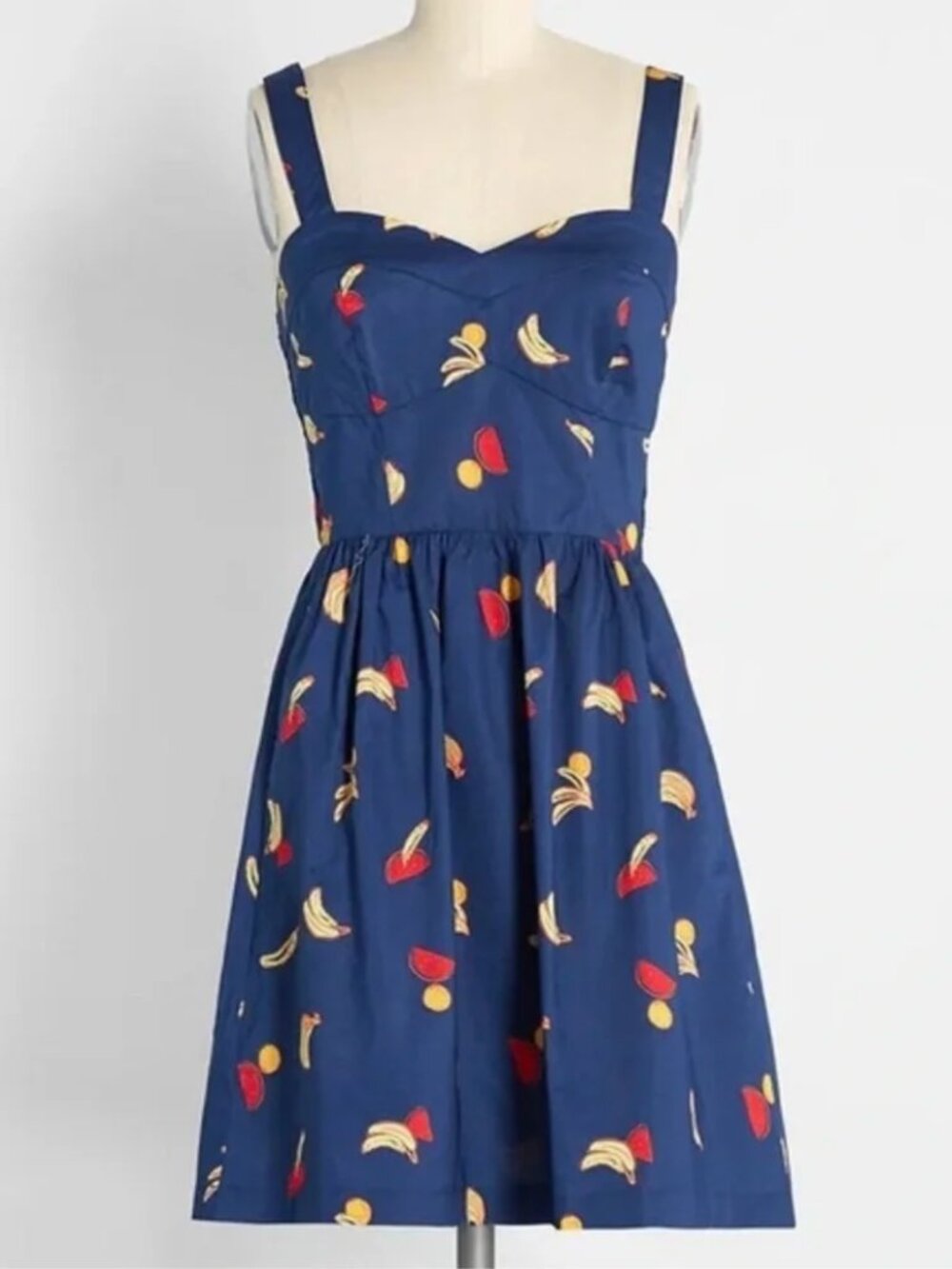 Modcloth Navy Blue Fit and Flare Dress with Bananas and Strawberries